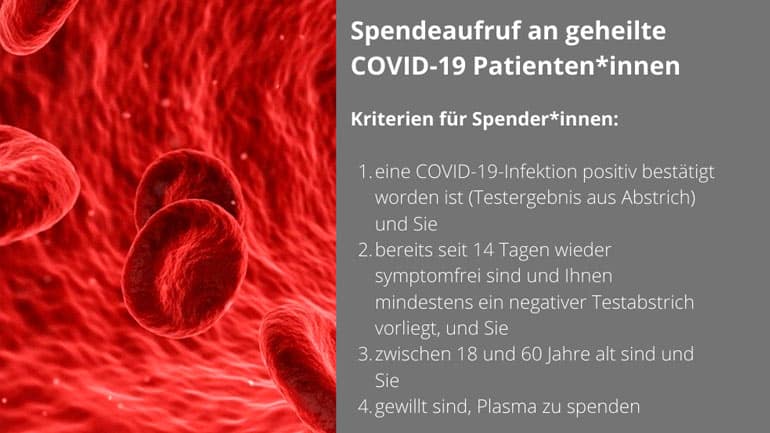 LMU Klinik: Spendenaufruf an geheilte COVID-19 Patienten